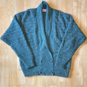 Vintage 80s Wool Blend Knit Double Breasted Shawl Collar Cardigan - Teal